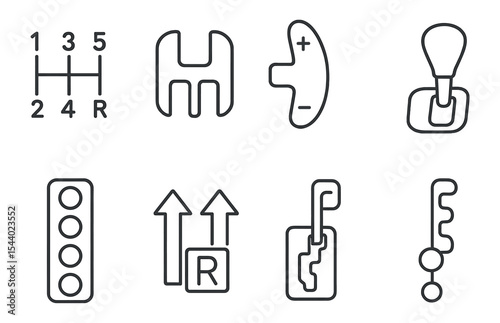 Car gear shifting line icon set. transmission control, auto gearbox linear symbols