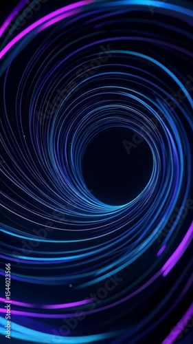Abstract spiral of neon light trails rotating inward towards a dark center, creating a hypnotic and futuristic tunnel effect.