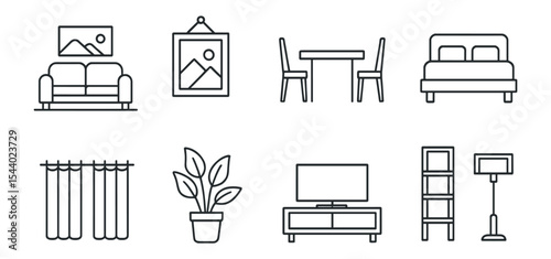 Home decor outline icon set. furniture, interior essentials for modern spaces.