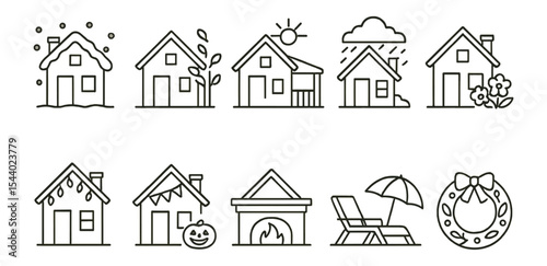 Home and seasons outline icon set. weather, holiday, nature outline icons collection