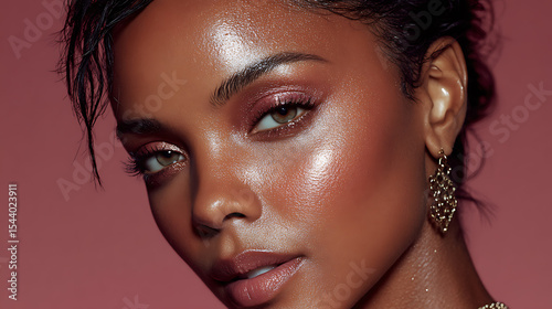 Close up beauty portrait of a woman with glowing skin and makeup for skincare or beauty product ad