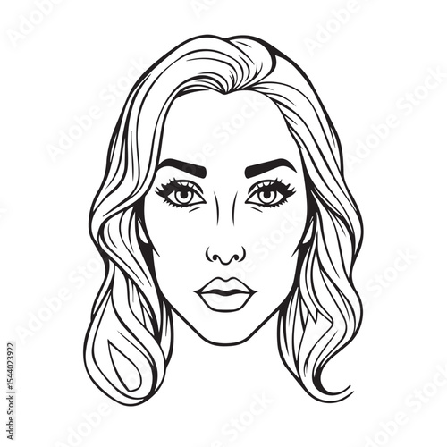 Elegant Woman s Face with Wavy Hair in Black and White Line Art