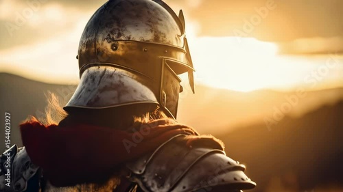 Knight in shining armor standing in a field, looking out towards a sunset over the hills