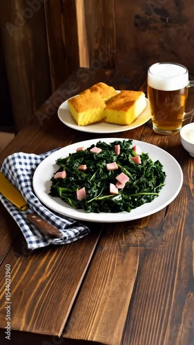 Savory cooked greens with ham, cornbread, beer and creamy dip on a rustic wooden table offering a satisfying, wholesome meal for lunch or dinner.