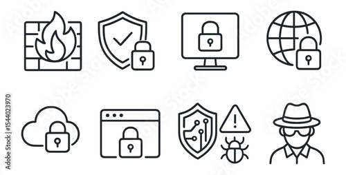 Cybersecurity, data protection outline icon set. security, privacy, network icons collection