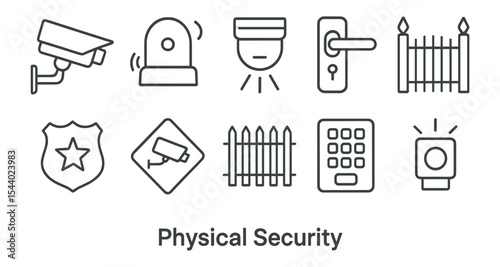 Physical security outline icon set. surveillance, alarm, lock, fence line icons collection