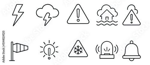Weather alert line icon set. storm, warning, hazard, climate, alarm symbol collection.