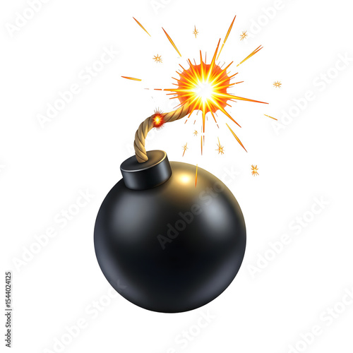 Realistic Cartoon Bomb with Lit Fuse and Explosion Effect on Transparent Background photo