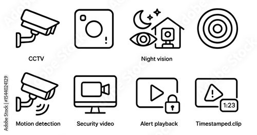 Security surveillance outline icon set. cctv, night vision, alert systems collection