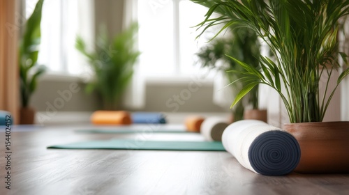 A yoga mat is rolled up and placed on the floor in front of a potted plant