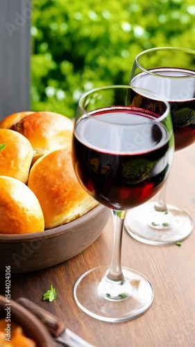 Hearty beef stew in brown sauce served in rustic bowl with golden buns and red wine for a cozy dining experience