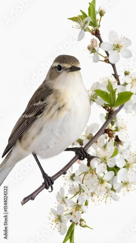Delicate palm warbler bird perched on blossoming cherry tree branch, showcasing white plumage, dark streaks, and slender black legs against a clean white background.