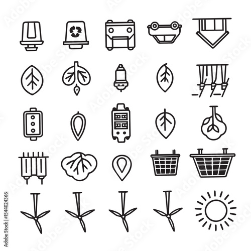 Collection of Black and White Outline Icons Depicting Ecology Energy and Sustainability