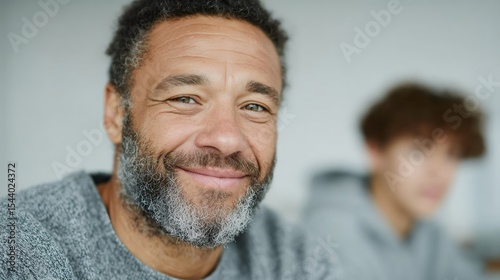A man with a beard and gray hair is smiling at the camera