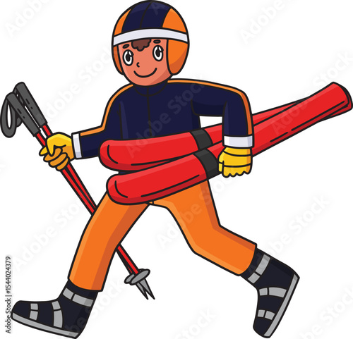 Skiing Boy Carrying Skiboard Cartoon Clipart 