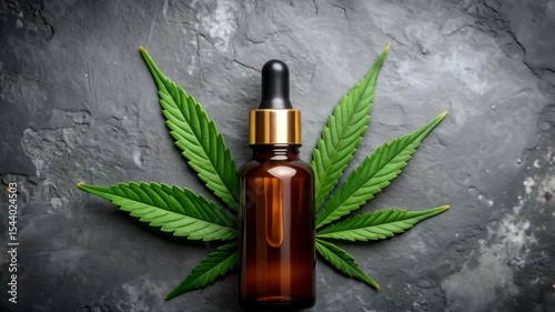 Brown glass dropper bottle presented on slate background with decorative green foliage and golden cap for natural wellness.