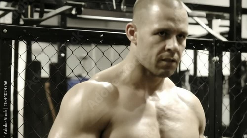 A muscular man with a shaved head stands in front of gym equipment showing off his physique, body building workout setting indoors.