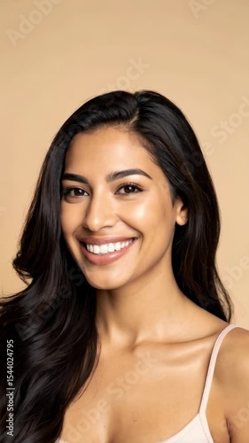 Portrait of a radiant smiling brunette woman with long wavy hair on a neutral backdrop