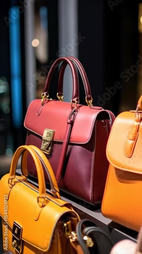 Variety of colorful leather handbags with handle, buckle, and strap on display at department store, fashionable women accessories concept.