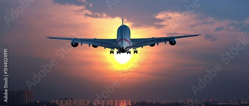 Airplane taking off against sunset sky — powerful silhouette against fiery clouds, rear view.
