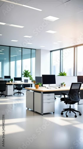 Bright contemporary open office space with large windows, desks, rolling chairs, computers and potted plants arranged neatly in a row