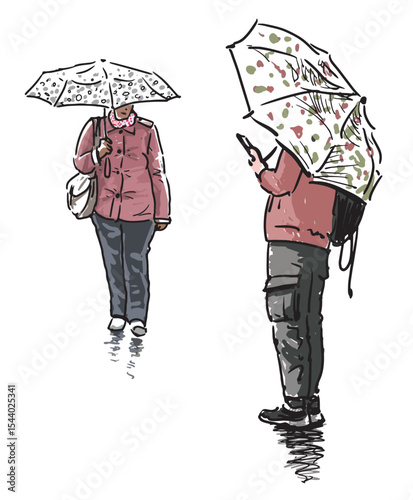 Sketch of two casual citizens  pedestrians under umbrellas, woman walking, man using phone, realistic hand drawn vector illustration isolated on white