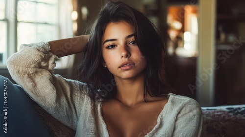 Young Woman in Casual Attire Relaxing Indoors With Natural Light
