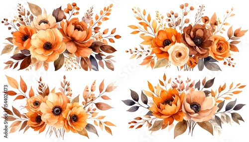 Autumn floral bouquets watercolor.