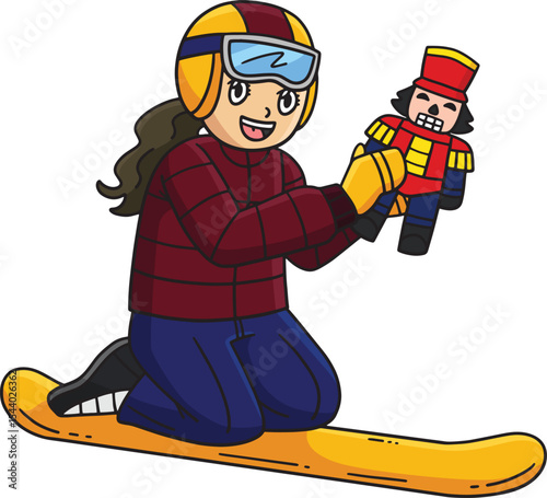Snowboarding Girl with Toy Cartoon Colored Clipart