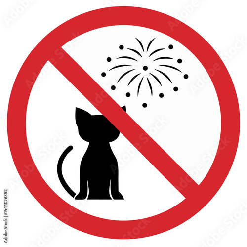 Prohibition sign for pyrotechnics near animals with a cat and fireworks