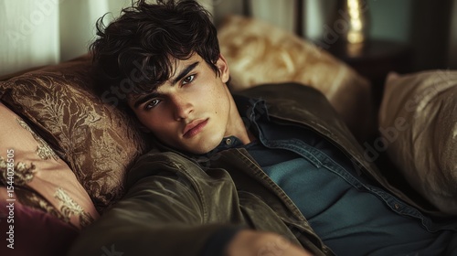 Young Man in Casual Attire Relaxing on Couch in Moody Indoor Portrait