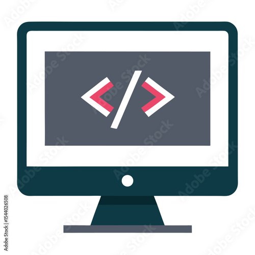 Minimal black line art icon of a desktop monitor with code symbols. Ideal for programming, web development, coding apps, tech interfaces, and software engineering visuals.