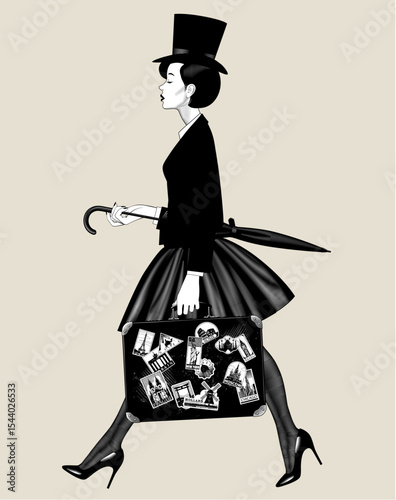 Walking woman in retro clothes carrying old suitcase with set of travel labels and folded umbrella. Vector illustration in black and white engraving style
