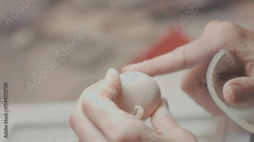 Artist carefully sands silicone doll head with soft cloth, smoothing surface to remove imperfections before further detailing and finishing steps