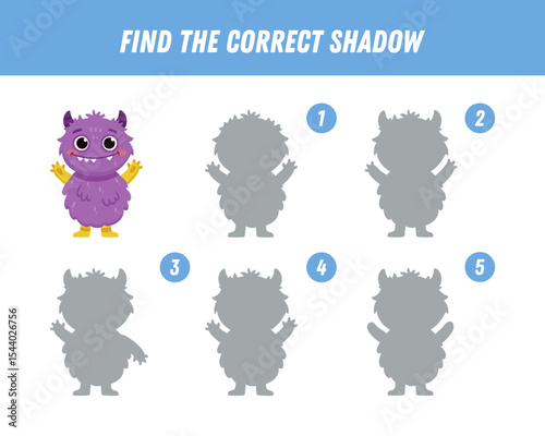 Find correct shadow of cute monster. Educational logical game for kids. Halloween game. Cartoon monster. Vector
