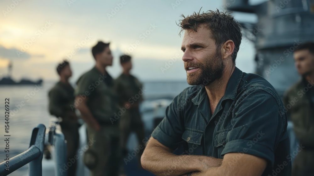 Fototapeta premium A rugged man stands confidently against a vibrant sunset backdrop, while a group of sailors reflects camaraderie and resilience as they navigate challenges on the sea.
