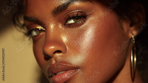 Portrait of beautiful woman with glowing skin and makeup for beauty and fashion advertising campaign