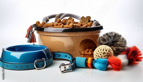 pet accessories including collar bowls and toys on a white isolated background