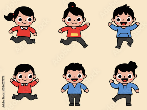 Joyful Children: An illustration of six playful children in energetic poses, radiating happiness and boundless joy, capturing the essence of childhood, joy, and carefree spirit.