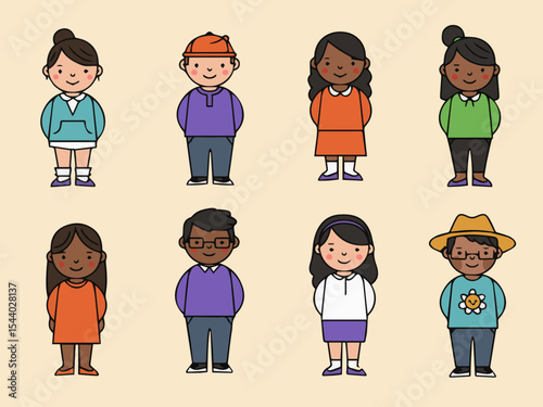 Multicultural Children Set: A set of cartoon illustrations of multicultural children in simple casual clothes, each with a unique personality and smile.