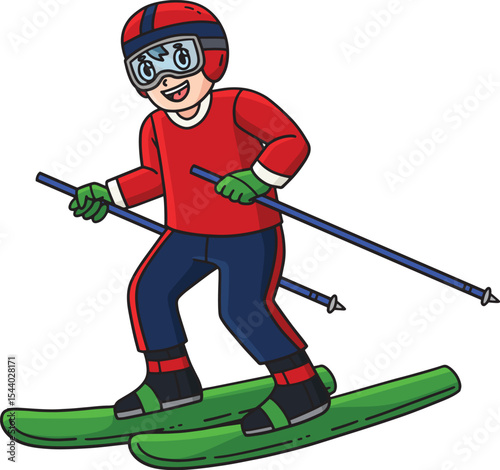 Skiing Boy Cartoon Colored Clipart Illustration 