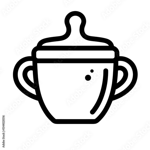 Baby sippy cup with dual handles and lid in outline style. Used for children’s product catalogs and baby care applications