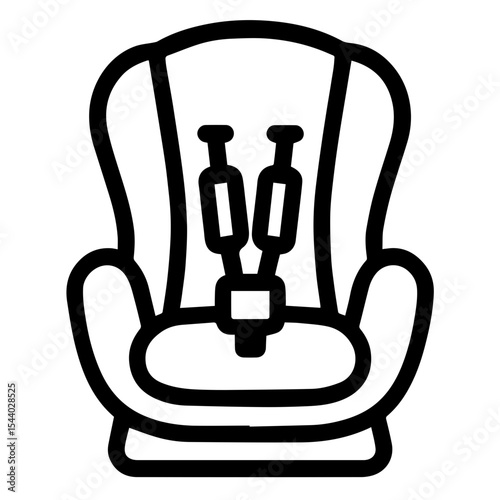 Baby car seat with integrated harness in outline style. Used for safety product illustrations and family travel catalogs