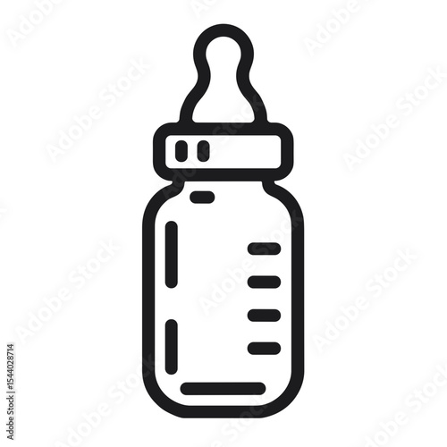 Baby bottle with measurement lines and rounded nipple. Used for newborn feeding product illustrations and parenting content