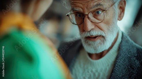 An elderly man with a white beard and glasses looks on with curiosity, emphasizing the theme of wisdom and reflection in human connections and meaningful conversations.