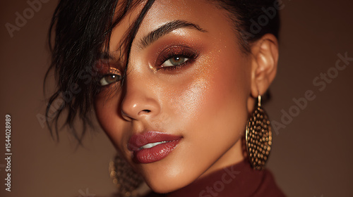 Portrait of beautiful woman with makeup eyeshadow lipstick and earring for beauty and fashion blog