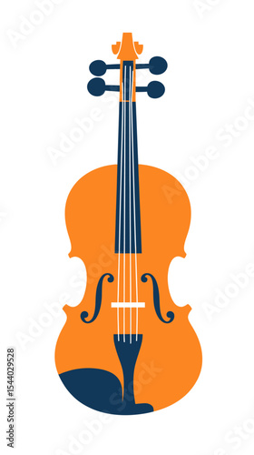 Flat minimalist vector illustration of classical violin with wooden orange body and dark blue strings and tuning pegs isolated on white background for music concept design