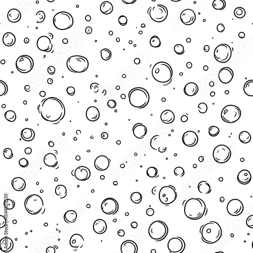 Seamless hand drawn black and white bubble pattern with various sized simple sketch style circles and sparkling water drops on white background for decoration and design