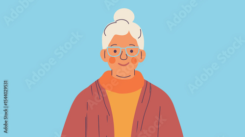 Minimalist flat vector illustration of smiling elderly woman with glasses and white hair bun wearing orange and brown sweater against blue background