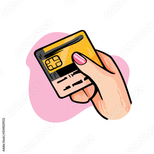 Hand holding credit card with chip and magnetic stripe illustration for payment transaction concept in flat doodle style with pink background accent